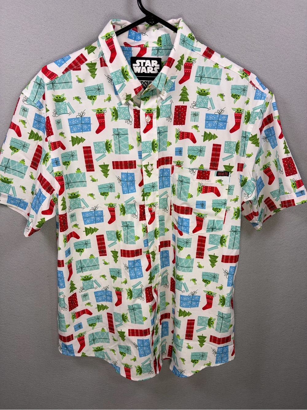 RSVLTS Men’s White Holiday Print Button-Down Shirt with Red, Blue & Green Motif